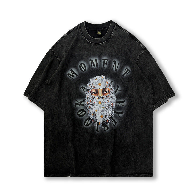 Men T Shirt Retro Hip Hop Worn Looking Washed-out Vintage Short Sleeve T-shirt