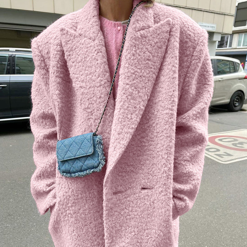 Women Trench Coat Woolen Thick Pink Lapel Coat Coat