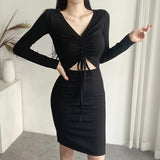 Women Dresses V-neck Pleated Drawstring Cropped Hip Skirt Long Sleeve Dress