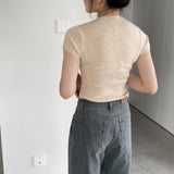 Women Knitted T-shirt round Neck Short Sleeve T-shirt Slim Fit Sweater