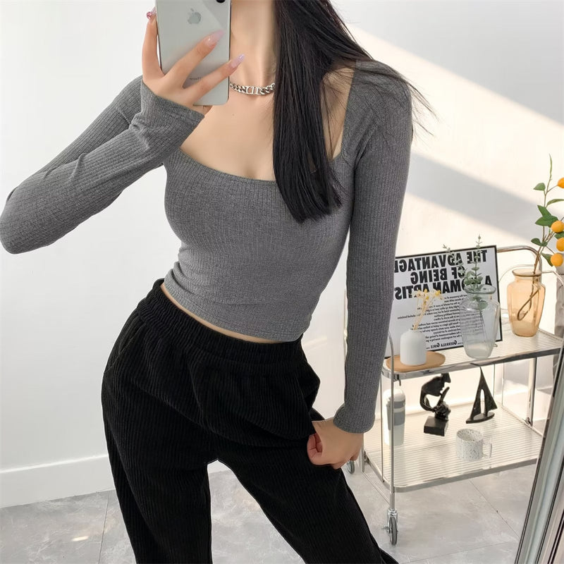 Women Sweater Knitwear Square Collar High Waist Slim Fit Long-Sleeved T-shirt