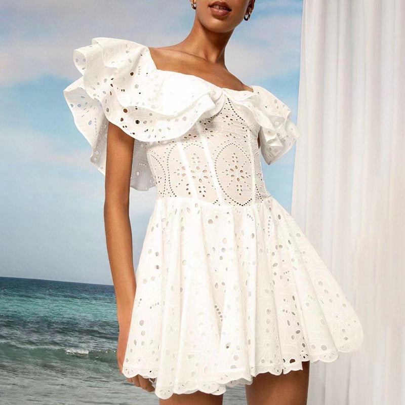 Women Dresses Summer Lotus Leaf Embroidered Edge Dress Skirt (Qymy0409)