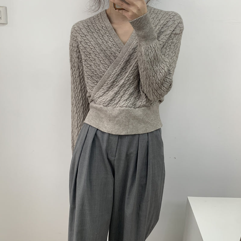 Women Winter Knitted Sweater V-neck Sweater Cable-Knit Sweater Top Spring 8t8113