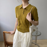Women Knitted T-shirt Polo Short Sleeve Summer Lapels T-shirt