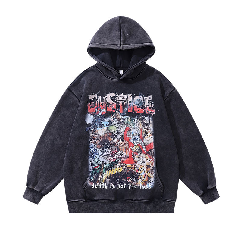 Men Hoodie Cartoon Printing plus Velvet Distressed Loose Couple Hoodies