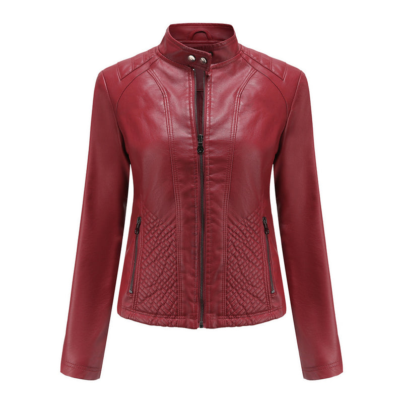 Red Leather Jacket Autumn and Winter Leisure Leather Motorcycle Jacket