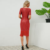Women Date Dress round Neck Vintage Sequined Tassel Evening Dress