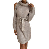 Women Knitted Sweater Autumn Knitted Hollow out Shoulder-Baring High Collar Sweater Dress