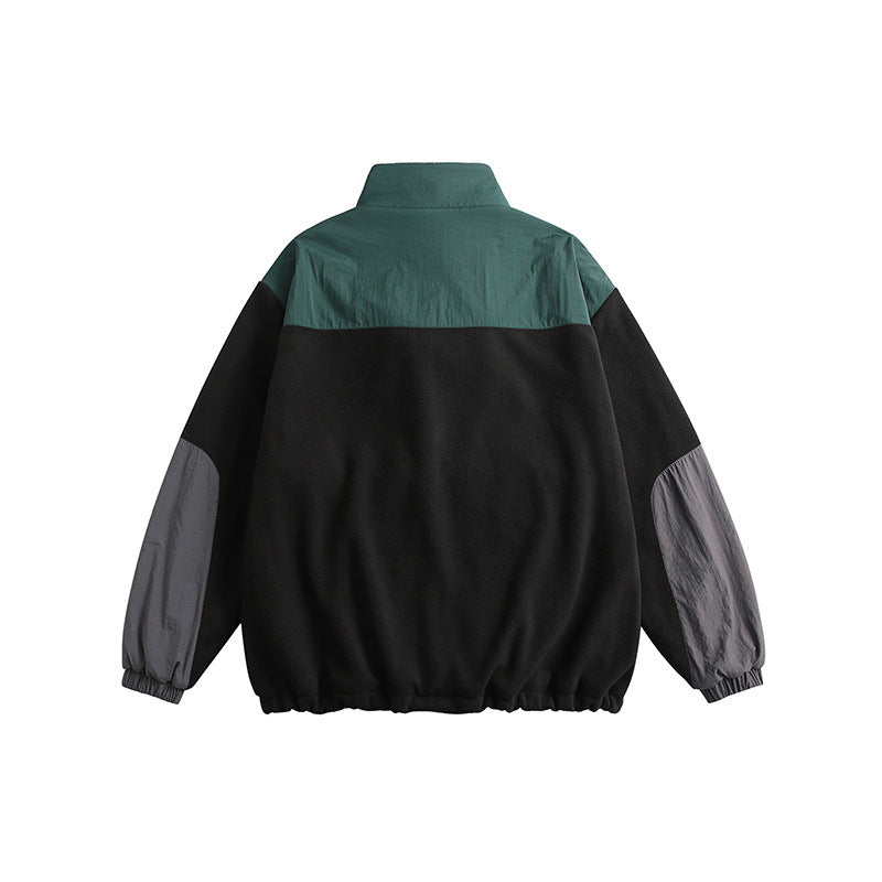 Unisex Winter Cotton Coat Retro Warm Thickening Stand Collar Color Matching Polar Fleece Jacket Cotton-Padded Jacket