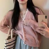 Women Knitwear Autumn and Winter V-neck Lace Trim Sweater Loose Knitted Cardigan