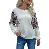 Women Knitted Sweater Autumn Loose round Neck Base Leopard Splicing
