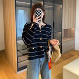 Women Knitted Cardigan round Neck Striped Knitted Cardigan Sweater Coat