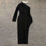 Women's Evening Dress Bandage Dress One Shoulder Lace Slit Dress Long Sleeve Tight Skirt
