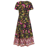 Women Date Dress Floral Dress Short Sleeve V-neck Bohemian A- line Skirt