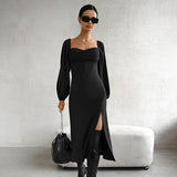 Women Dress Autumn and Winter Elegant Square Collar Puff Sleeve Dress