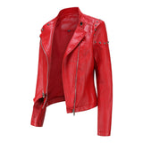 Red Leather Jacket Rivet Leather Clothing with Stand Collar Spring and Autumn Coat Women's Rivet Leather Clothing