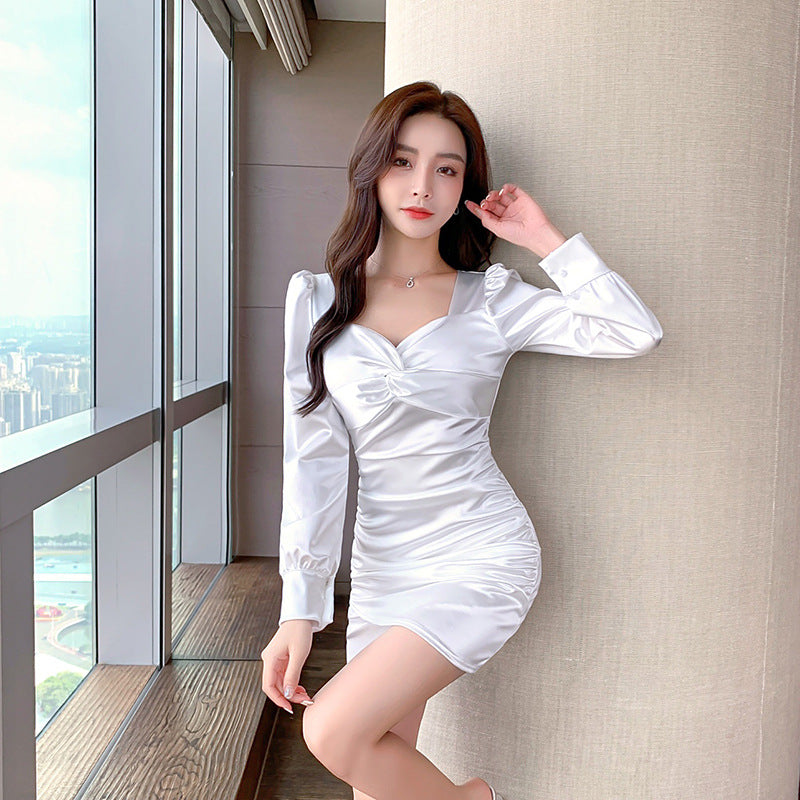 Women Maxi Dress Fall/Winter Square Collar Puff Sleeve Sheath Dress