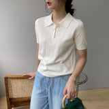 Women Knitted T-shirt Polo Short Sleeve Summer Lapels T-shirt