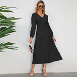Women Date Dress Autumn and Winter V-neck Bubble Long Sleeve Dress