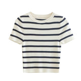 Women Sweater Knitwear Autumn Crew Neck Short Sleeve Stripe Knitted T-shirt Top