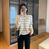 Women Knitted Cardigan round Neck Striped Knitted Cardigan Sweater Coat