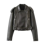 Women Leather Jacket Autumn Lapel Baggy Coat PU Leather Coat