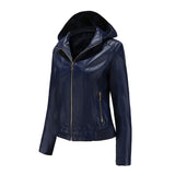 Red Leather Jacket Fall Winter Hooded Leather Women's Detachable Hat Long-Sleeve Zipper Fleece-Lined Wallet