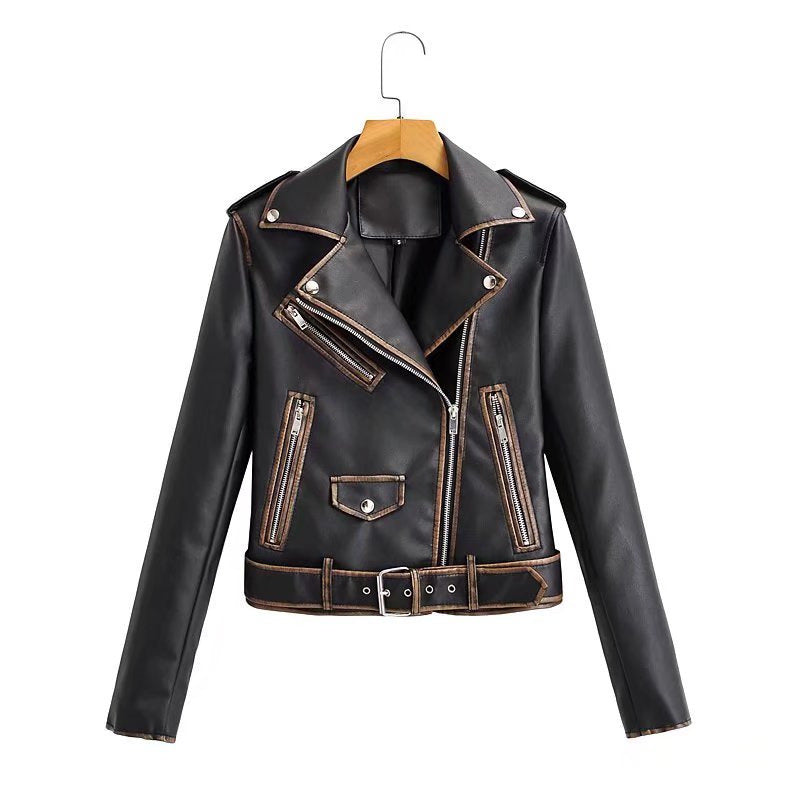 Women Leather Jacket Spring Retro Fashion PU Leather Coat