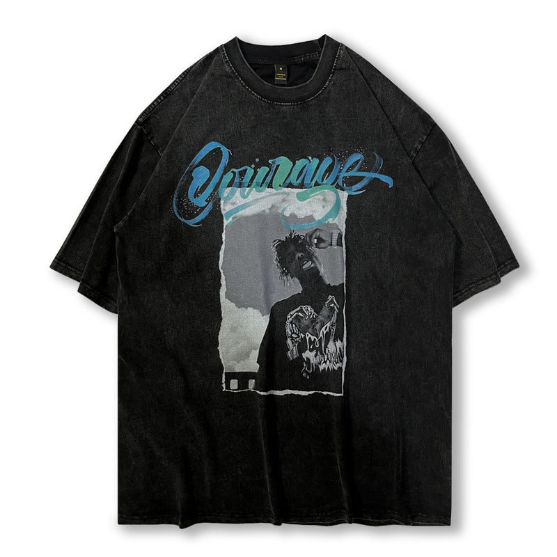 Men T Shirt Vintage Printed Wash Short Sleeve T-shirt