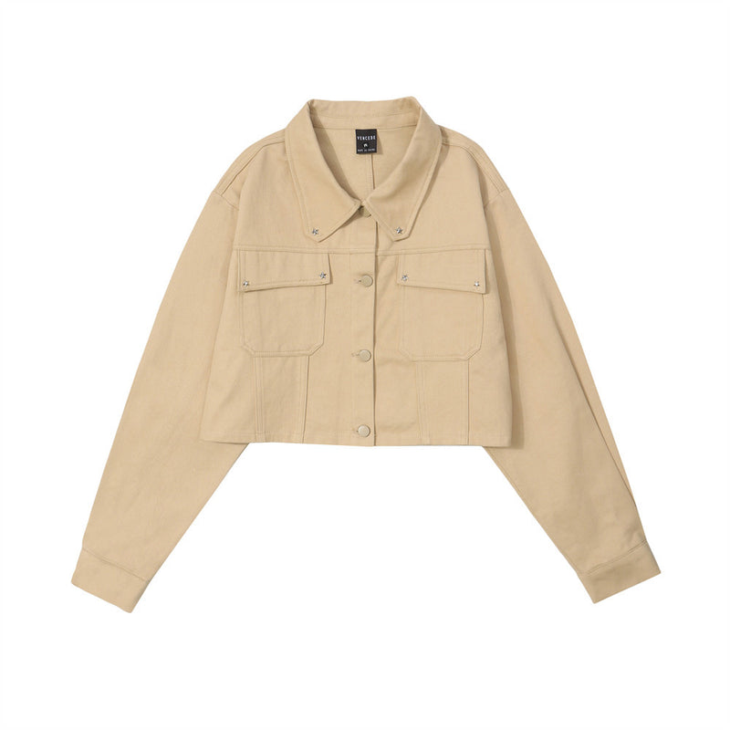 Women Jacket Multi-Pocket Workwear Jacket Loose Autumn Solid Color XINGX Coat