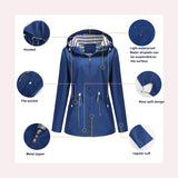 Women's Trench Coat Long-Sleeved Waterproof Mid-Length Trench Coat Women's Hooded Striped Raincoat