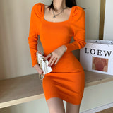 Women Maxi Dress Fall/Winter Square Collar Puff Sleeve Hip Knitwear Dress