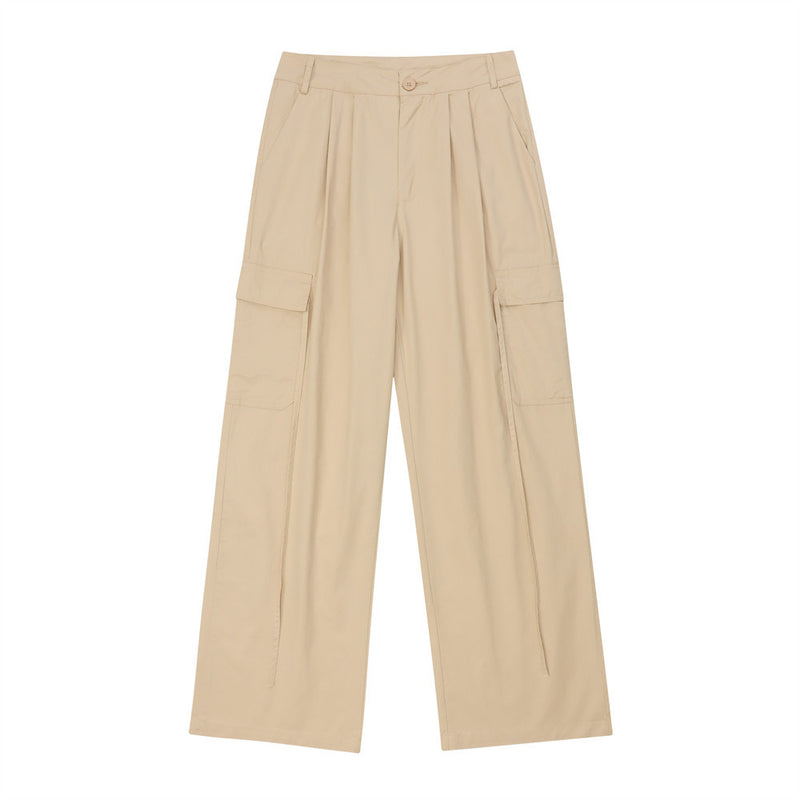 Women Pants Multi-Pocket Lace-up Overalls Loose Solid Color Casual Trousers Straight Wide-Leg Pants
