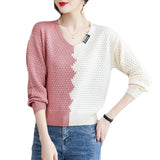 Women Knitwear Spring and Autumn V-neck Color Matching Sweater Loose Sweater