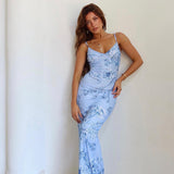 Women Dresses V-neck Brace Printed Sexy Slim Fit Long Dress Summer Backless Dress