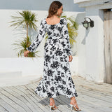 Women Date Dress Autumn Winter Sexy Long Sleeve V-neck Lantern Sleeve Backless Floral Long Tie Dress