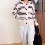 Women Knitwear Autumn and Winter Striped round Neck Sweater Loose Knitted Cardigan