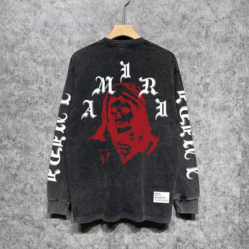 Amiri Long-Sleeved Shirt Cool Handsome Personalized Printed Vintage Retro Long Sleeve T-shirt