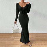 Women Dress U-Neck Slim Fit Long Sleeve Narrow Dress