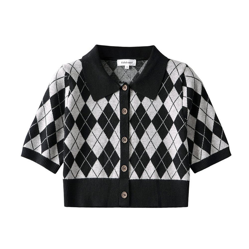 Women Sweater Knitwear Summer Vintage Polo Collar Slim Short-Sleeved Tops