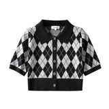 Women Sweater Knitwear Summer Vintage Polo Collar Slim Short-Sleeved Tops