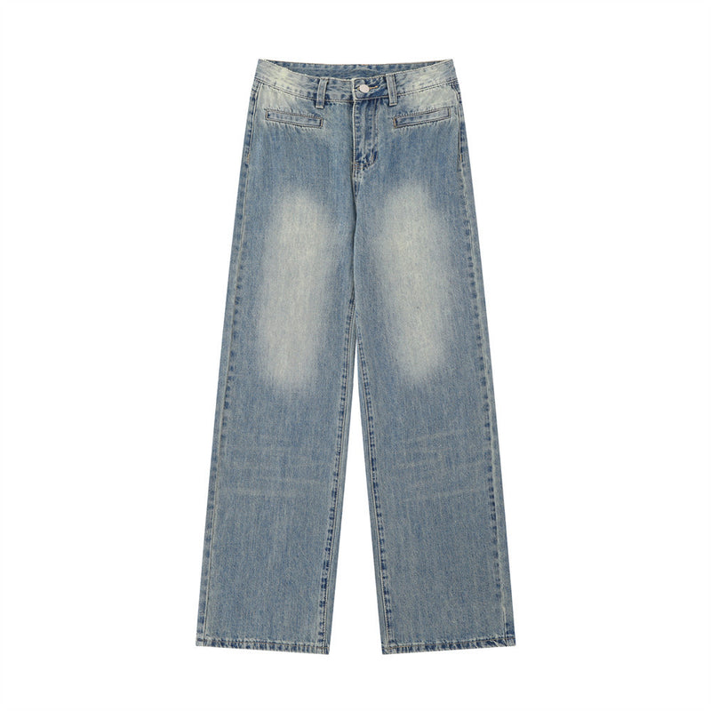 Women Pants Washed Jeans Straight Wide Leg Pants Loose Trousers