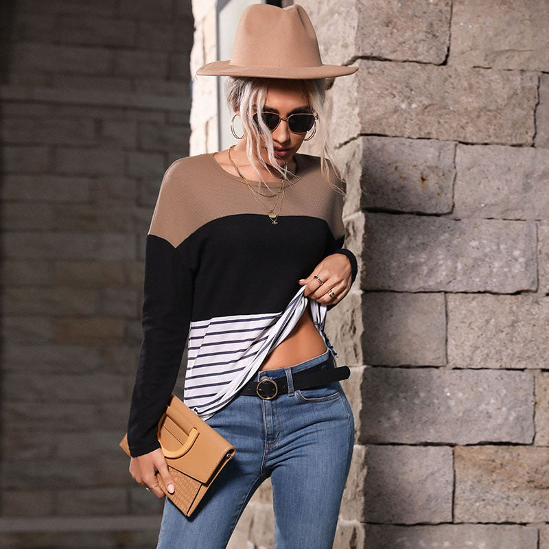 Women Knitted Sweater Casual Women's Long Sleeve Stitching Loose Striped Sweater