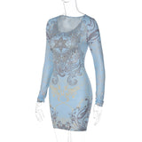 Women Dresse Printed Long Sleeve Narrow Dress round Neck Skirt