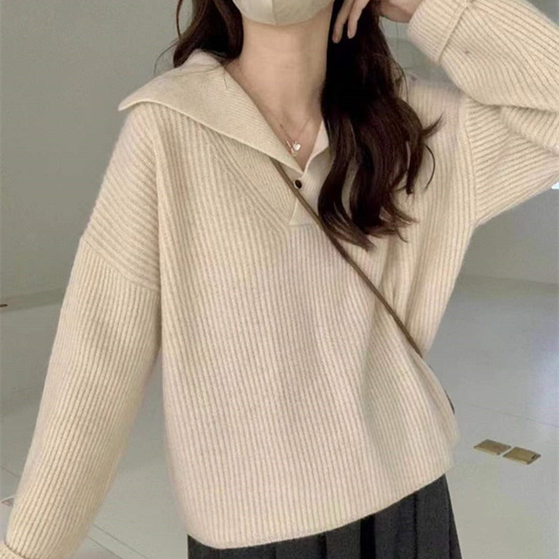 Women Knitwear Fall and Winter Lapels Solid Color Knitwear Loose Sweater