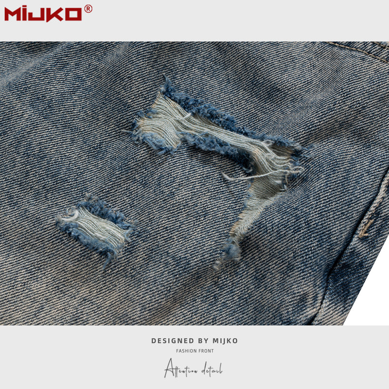 MIJKO Mens Vintage Pants Distressed Blue Bootcut Jeans