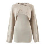 Women Sweater Knitwear Knitting Suit Sexy Sling Dress Ripped Sweater Two-Piece Set