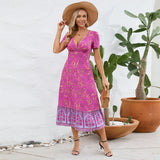 Women Date Dress Floral Dress Short Sleeve V-neck Bohemian A- line Skirt