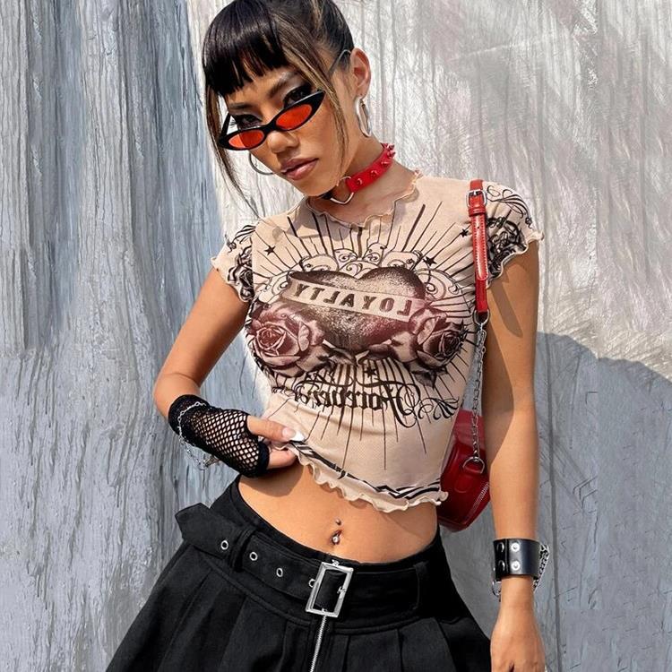 Women T-shirt Punk Mesh Floral Print Casual Fitted Short T-shirt