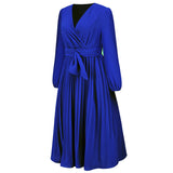 Women Date Dress Sexy V-neck Bubble Lantern Sleeve Pleated Skirt